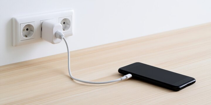 Black smartphone connected to white wall charger adapter with cable on wooden desk. Modern mobile phone charging from electrical outlet socket, indoor digital device power supply lifestyle concept.