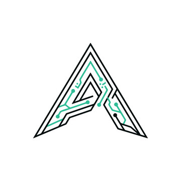 Modern technology letter A logo design featuring circuit board patterns and digital connections