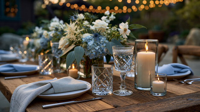 Isolated perspective of premium garden dining space with a long reclaimed wood table, crystal glasses, linen napkins and fresh floral centerpiece, warm evening glow