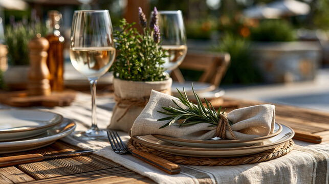 Beautifully styled patio dining setup with elegant plates, wine glasses, linen table runner and fresh herbs, soft afternoon lighting, clean composition