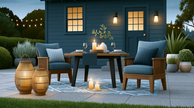 Graphic representation of stylish backyard dinner patio arranged for an elegant evening gathering with premium outdoor furniture, decorative candles, potted greenery and contemporary table d��cor,