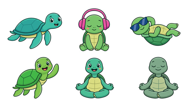 Cute Turtle Character Vector Set Featuring Cartoon Tortoises Meditating Doing Yoga Listening to Music and Wearing Sunglasses for Kids Prints and Sticker Designs