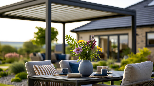 A detailed view of contemporary backyard dining area with a pergola, elegant outdoor table, comfortable seating and landscaped greenery
