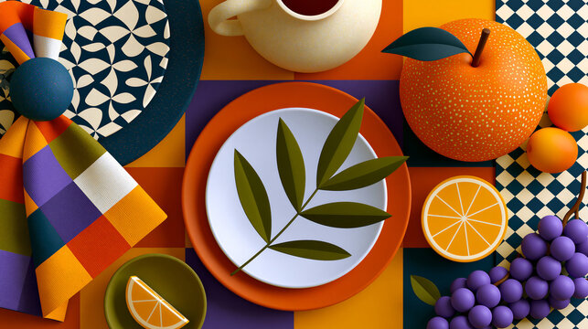 Digital photography of festive dining arrangement with beautifully folded napkins, ceramic dinnerware and decorative serving pieces