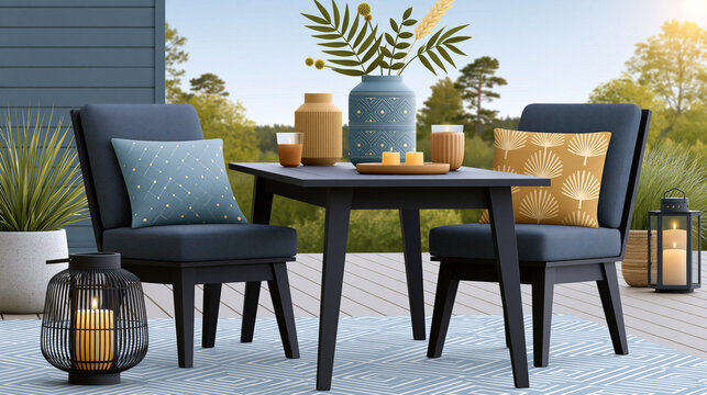 Isolated perspective of modern backyard entertaining space with elegant dining furniture, decorative lanterns and coordinated table d��cor, commercial stock artwork