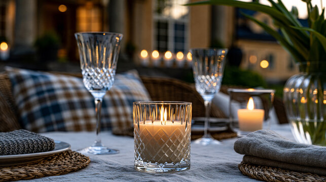 A detailed view of elegant patio dinner setup with candles, crystal glasses and linen tablecloth under soft twilight lighting, refined commercial aesthetic