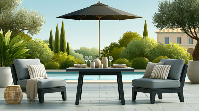 Beautiful setup of spacious backyard dining patio with comfortable seating, neutral linens and stylish outdoor accessories, premium illustration