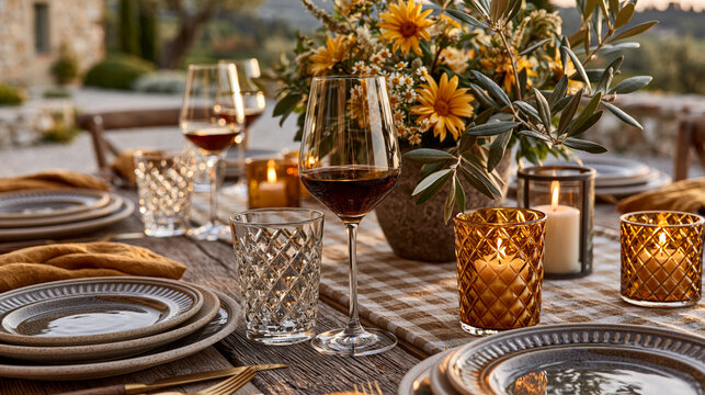 A refined view of luxurious party table arrangement with elegant ceramic dinnerware, crystal glassware, fresh seasonal flowers, linen textiles, decorative candles, warm golden hour sunlight,
