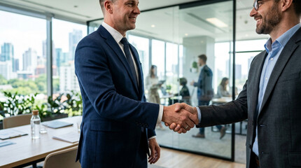 Plakat Business partners shaking hands in modern office with city view