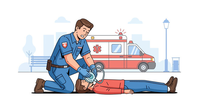 Paramedic Performs CPR on Patient Beside Ambulance, Emergency Medical Services Illustration