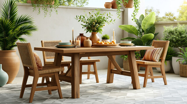 Elegant scene showing inviting backyard dining area featuring rustic wooden table, woven chairs, ceramic plates and surrounding greenery, premium illustration