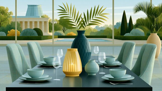 Elegant scene showing luxury outdoor dining table overlooking a landscaped garden, modern dinnerware and soft decorative accents