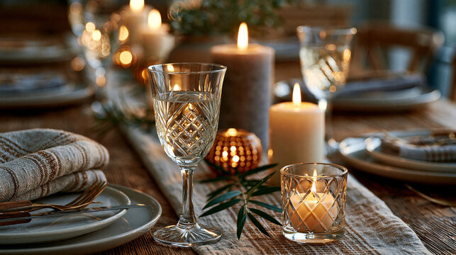 A creative presentation of sophisticated celebration dining table with neutral color palette, crystal stemware, linen table runner and decorative candles, warm golden lighting