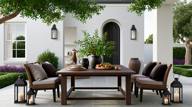 Contemporary layout of luxurious alfresco entertaining area with stylish wooden dining table, woven seating, fresh botanical centerpiece, lanterns and landscaped surroundings, clean geometric