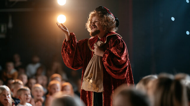 Theatrical children's pantomime villain in exaggerated costume sneaking across a brightly lit stage with a bag of toy gold coins, audience of delighted children visible in
