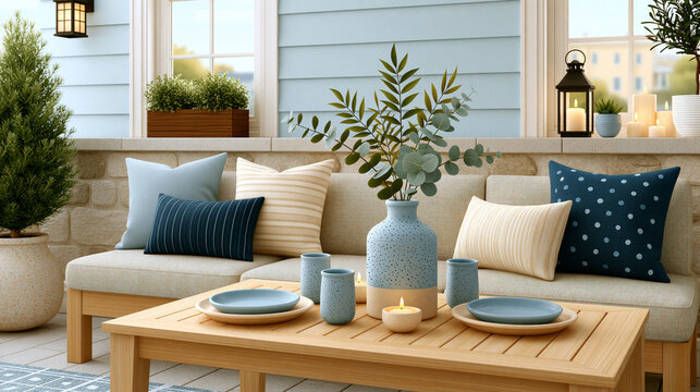Stock photo of modern garden dining space with scandinavian-inspired furniture, ceramic plates and botanical centerpiece, clean geometric composition