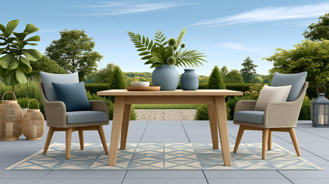 Luxurious alfresco entertaining area with stylish wooden dining table, woven seating, fresh botanical centerpiece, lanterns and landscaped surroundings, clean geometric composition