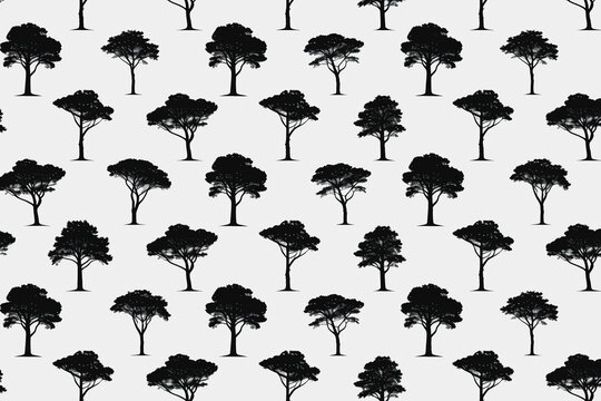 Black Silhouette Trees Seamless Pattern On White Background