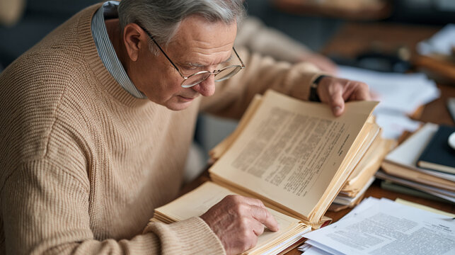 Retired policeman at home reviewing old robbery case files with reading glasses, cold case investigation concept, unsolved crime, detective nostalgia, criminal justice memory,