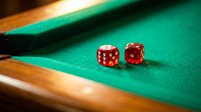 Pair of red dice with white dots resting on a vibrant green felt pool table surface, ready for a game of chance or backgammon.