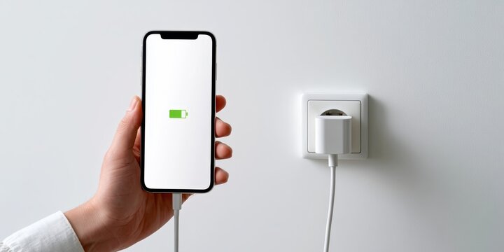 Close-up Person hand showing a modern smartphone plugged into a white wall outlet socket. Bright screen displays a green battery icon logo with a lightning bolt symbol indicating fast charging process