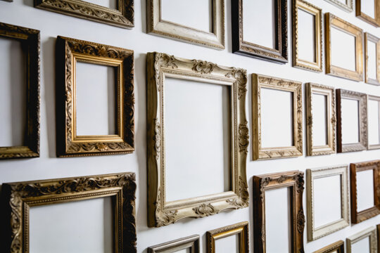 Collection of vintage empty picture frames on white wall