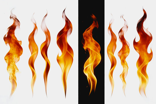 Various Flame Shapes Isolated on White and Dark Backgrounds