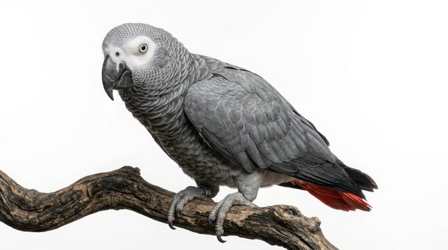 African grey parrot perched on a rustic wooden branch isolated against a white background with exotic bird animal portrait tropical bird intelligent bird grey feathers bird photography bird life