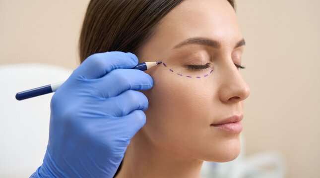 Side profile close up of woman with eye surgery markings as surgeon holds pen in modern clinic