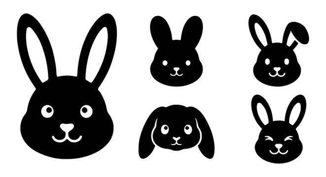 Rabbit silhouettes set with cute faces for Easter and spring design