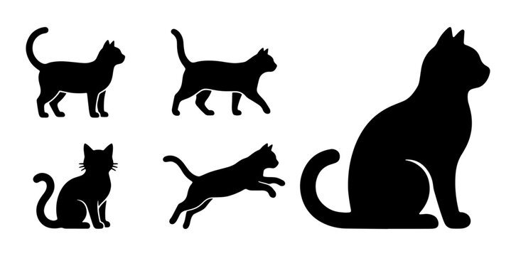 Cat silhouettes set with figures walking, sitting, and jumping for pet logos and icons