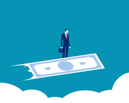 Businessman Flying on Money Carpet. Financial Growth and Investment Concept