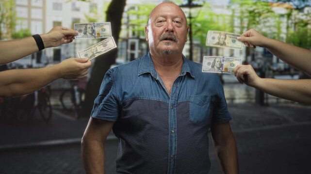 Man reaching with hand toward multiple dollar bills offered by other hands on a city street; temptation.