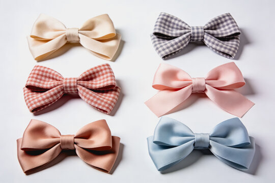 Six assorted fabric bow ties in pastel colors and checkered patterns