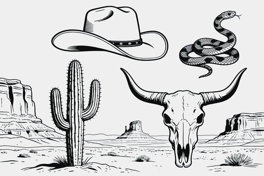 Desert Landscape with Cowboy Hat, Cactus, Skull and Snake