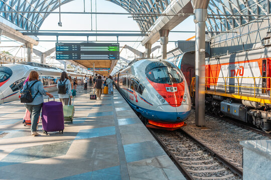 Sapsan train standing at the platform in a Moscow railway station. Moscow, Russia - 20 July 2026
