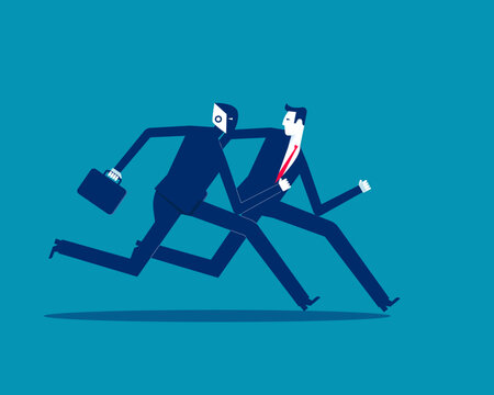 Business Artificial intelligence. Businessman and robot running a race