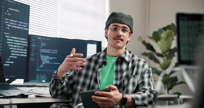 Coding, man or tablet in office for advice, technical guidance or system knowledge for bug trace. Coworking team, mentor or tech screen for software error, programming or developer tips for debugging