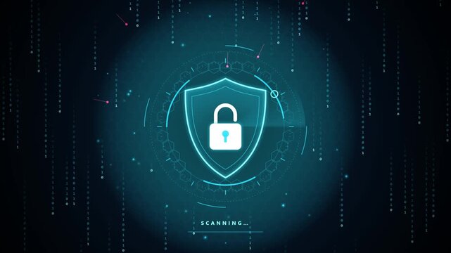Blue Security Shield With Padlock Over Binary Code Rain, Scanning
