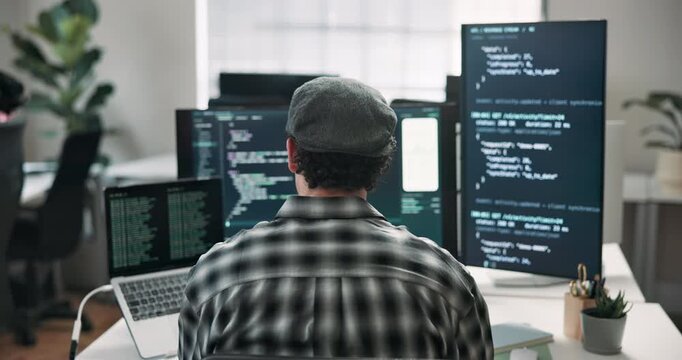 Man, screen and computer in office for programming, coding and update firewall for cybersecurity. Back, programmer and reading in workplace with tech, debugging script and testing for data protection