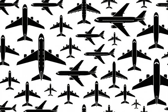 Various Commercial Airplane Silhouettes Seamless Pattern