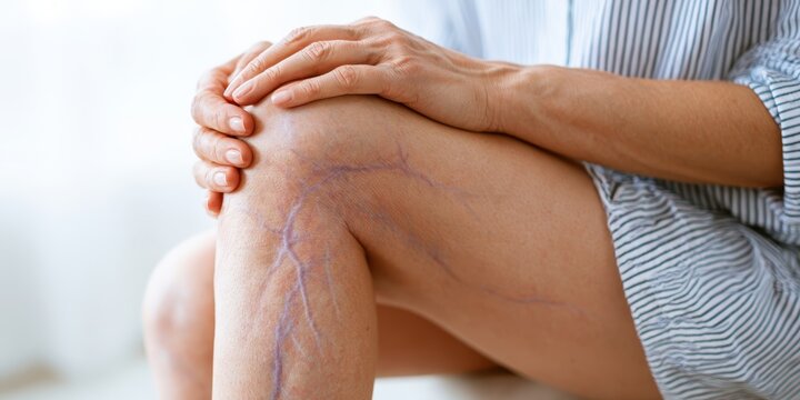 Female patient showing varicose veins on leg during medical phlebologist consultation. Close-up vascular disease symptom, phlebology surgery. Doctor checks health. Human vessel, arteries. Blood system
