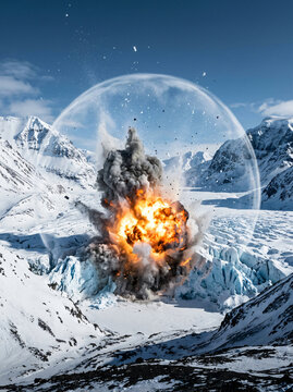 A massive fiery explosion occurring in a remote snowy mountain glacier landscape.