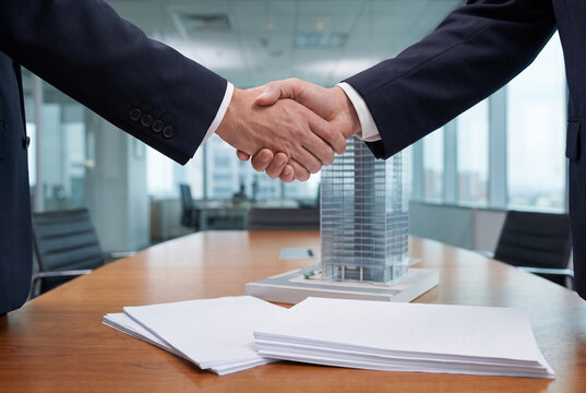 Two business executives in suits shake hands over a table with a modern building model and papers, signifying a successful agreement in the real estate or construction sector.