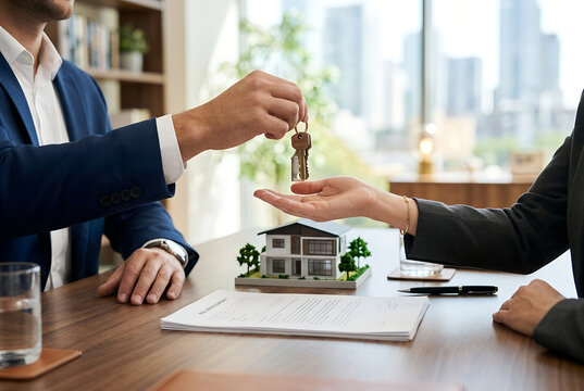 A businessperson hands a set of keys to another person, with a miniature modern house model on a document, signifying a successful home sale or lease agreement.