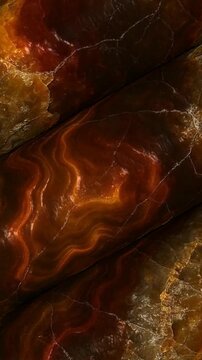 Powerful Natural Fire Agate Columns Rotating with Distinctive Patterns and Detailed Surface Texture in a Sophisticated Cinematic Setting for Luxury Interior Design Projects