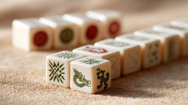 Neat row of traditional mahjong tiles for leisure and cultural activities