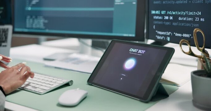 Hands, woman and computer in office for programming, coding and chatbot support for cybersecurity. Person, typing and screen in workplace with tech, ai assistance and review code for testing software