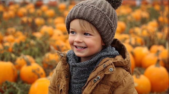 Happy toddler wearing warm winter clothes and brown knitted hat exploring festive outdoor pumpkin patch during autumn