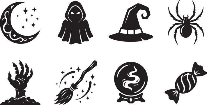 Set of eight black halloween icons featuring a crescent moon, ghost, witch hat, spider, zombie hand, flying broomstick, crystal ball, and wrapped candy